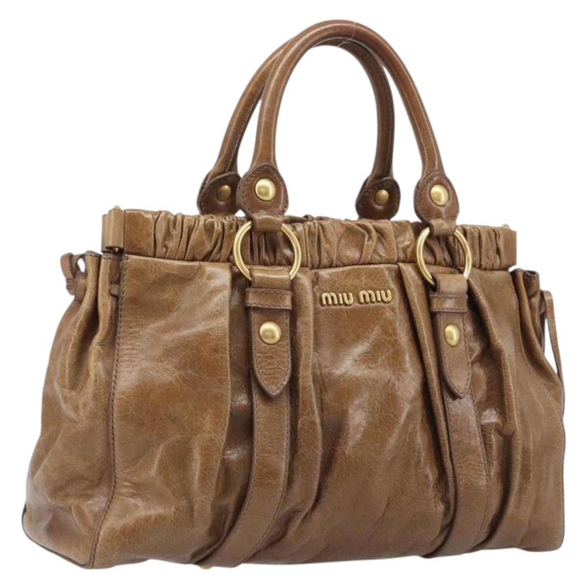 Miu Miu Hand Bag Vitellolux Brown Gold Auth 206002V