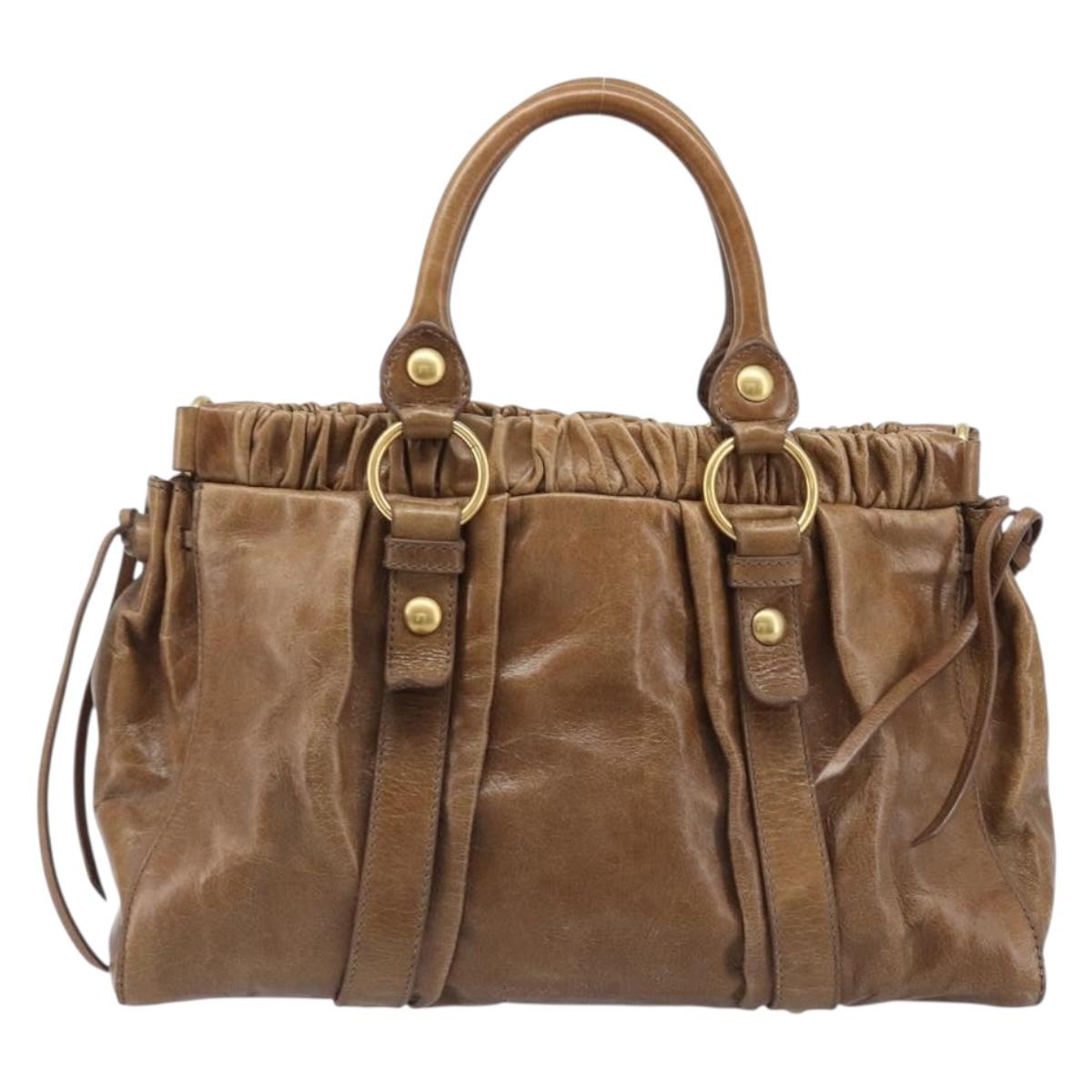 Miu Miu Hand Bag Vitellolux Brown Gold Auth 206002V