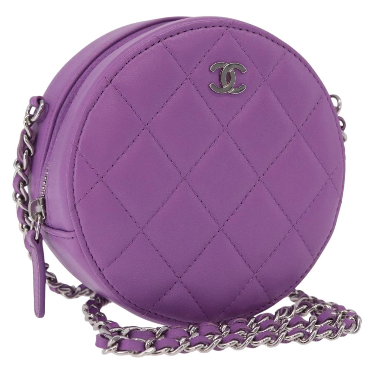 CHANEL Matelasse Chain Shoulder Bag Lamb Skin Purple Silver CC Auth 206022M