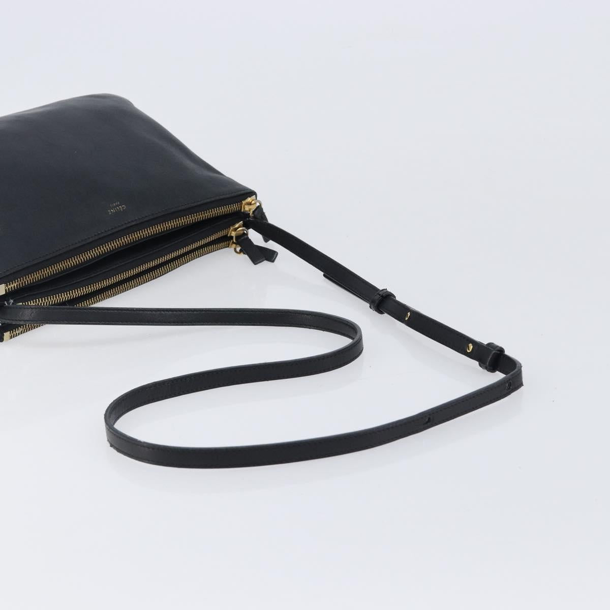 CELINE Trio Shoulder Bag Leather Black Gold Auth 206031