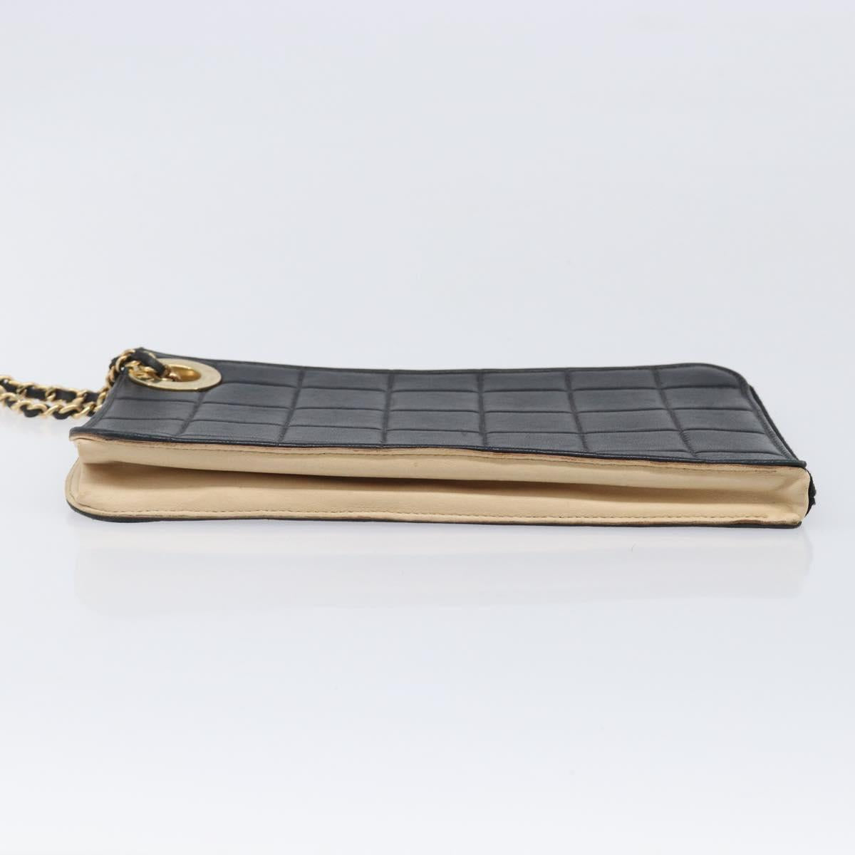 CHANEL Choco Bar Clutch Bag Lamb Skin Black Gold CC Auth 206033V