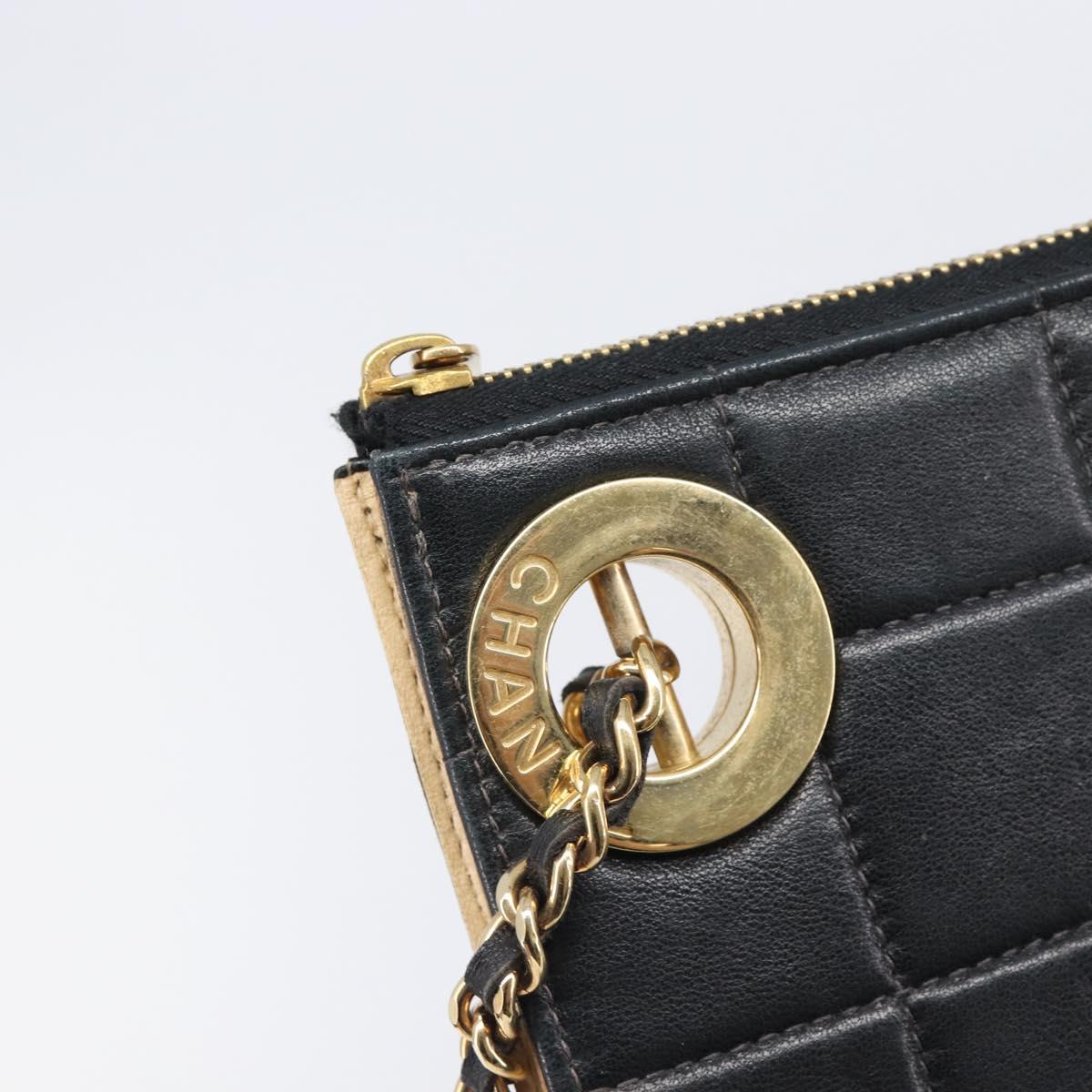 CHANEL Choco Bar Clutch Bag Lamb Skin Black Gold CC Auth 206033V