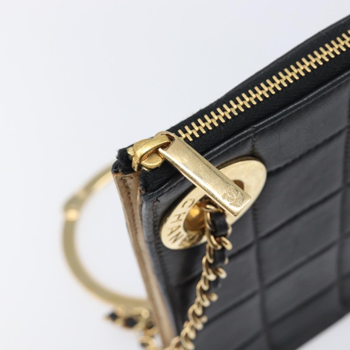 CHANEL Choco Bar Clutch Bag Lamb Skin Black Gold CC Auth 206033V