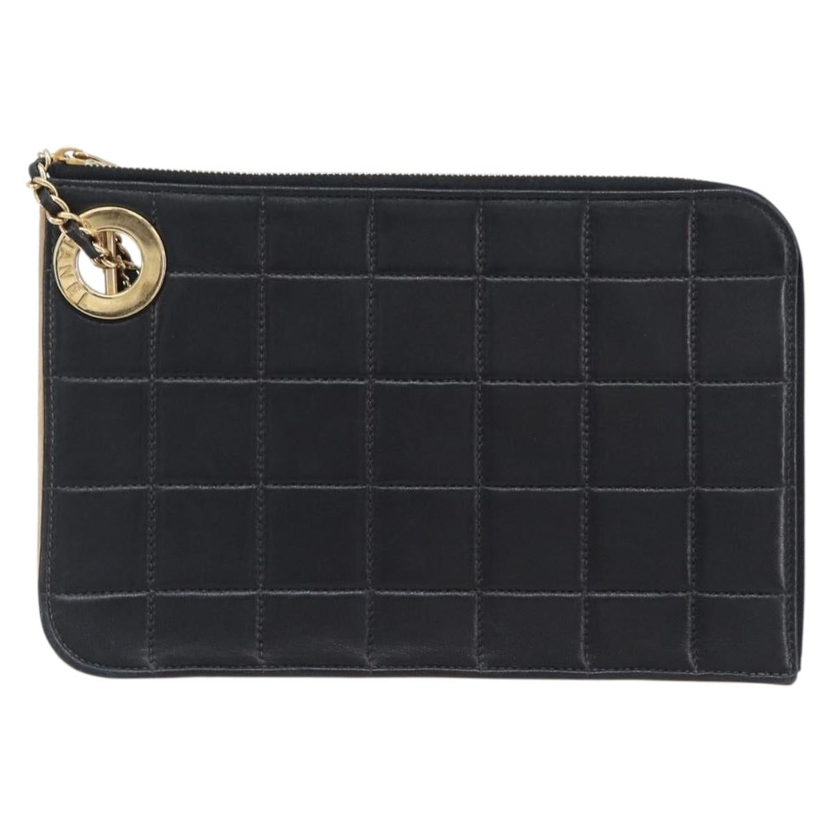 CHANEL Choco Bar Clutch Bag Lamb Skin Black Gold CC Auth 206033V
