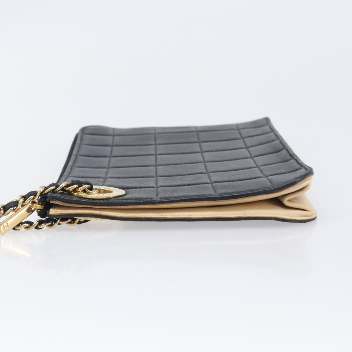 CHANEL Choco Bar Clutch Bag Lamb Skin Black Gold CC Auth 206033V