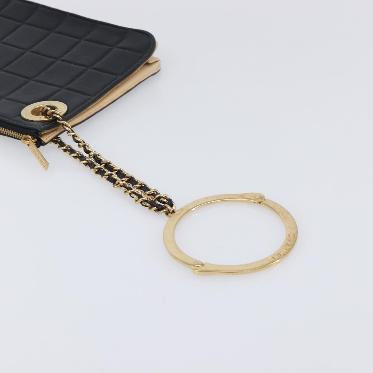 CHANEL Choco Bar Clutch Bag Lamb Skin Black Gold CC Auth 206033V