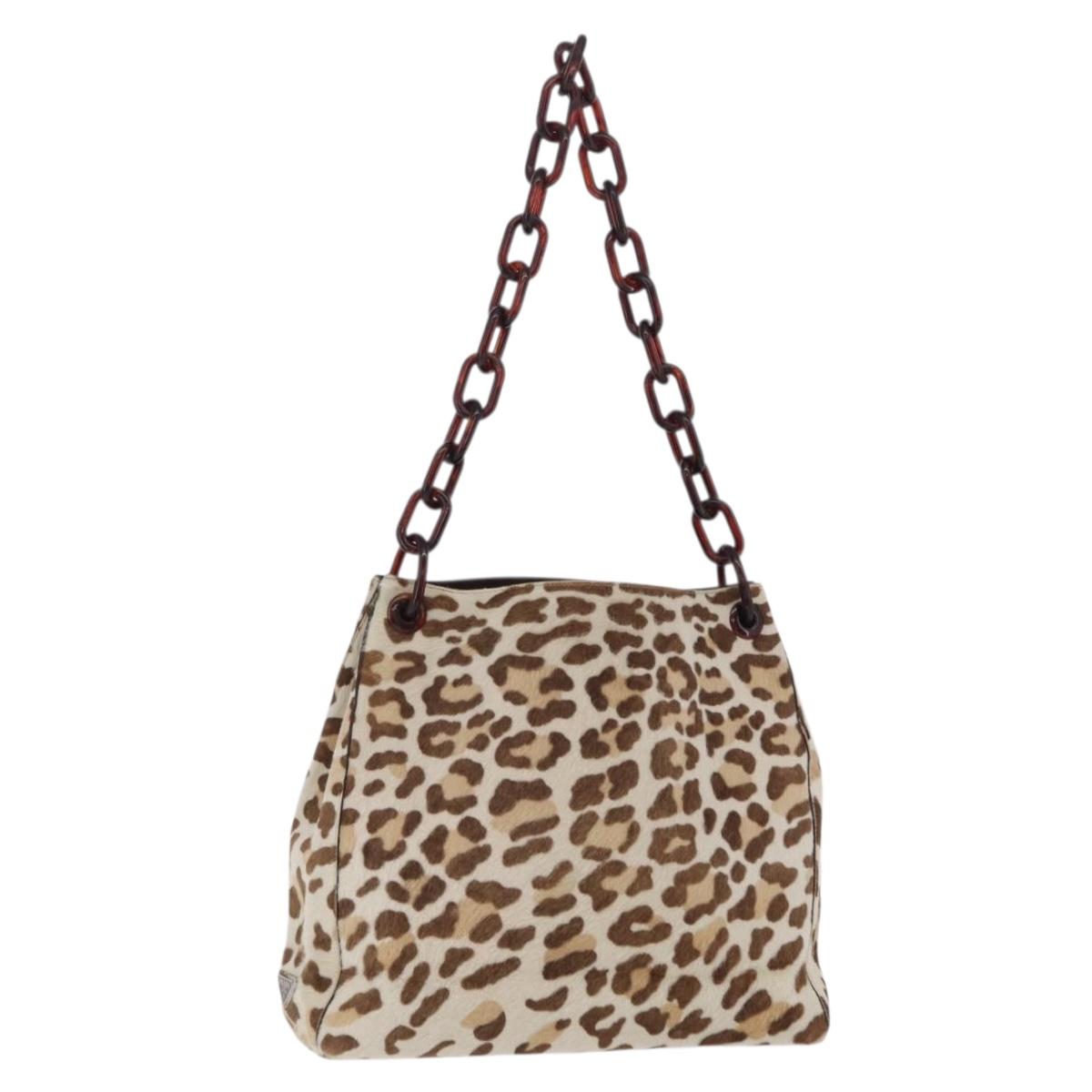 PRADA Plastic Chain Shoulder Bag Harako leather Beige Silver Auth 206034V