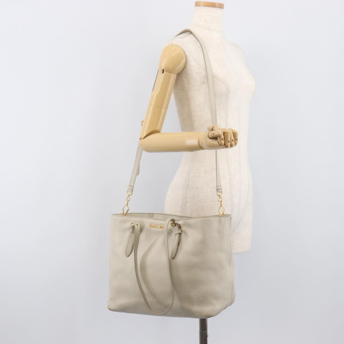 Miu Miu Tote Bag Leather 2way White Gold Auth 206037A