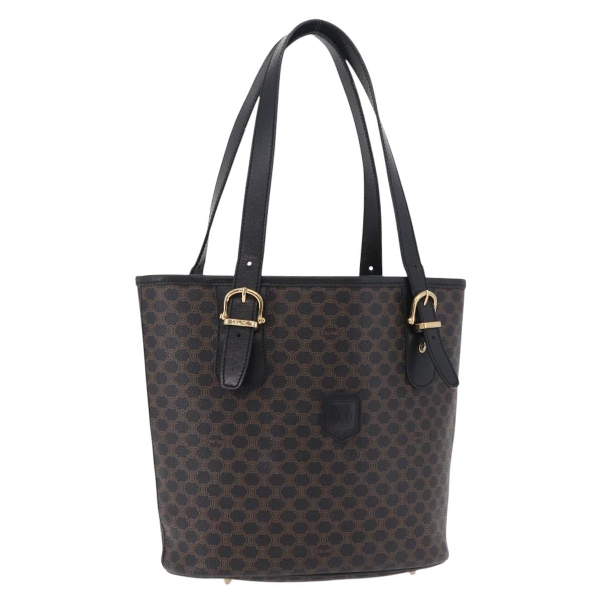 CELINE Macadam Canvas Tote Bag PVC Leather Black Gold Auth 206040V