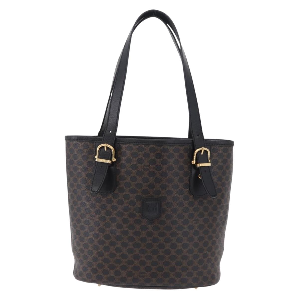 CELINE Macadam Canvas Tote Bag PVC Leather Black Gold Auth 206040V