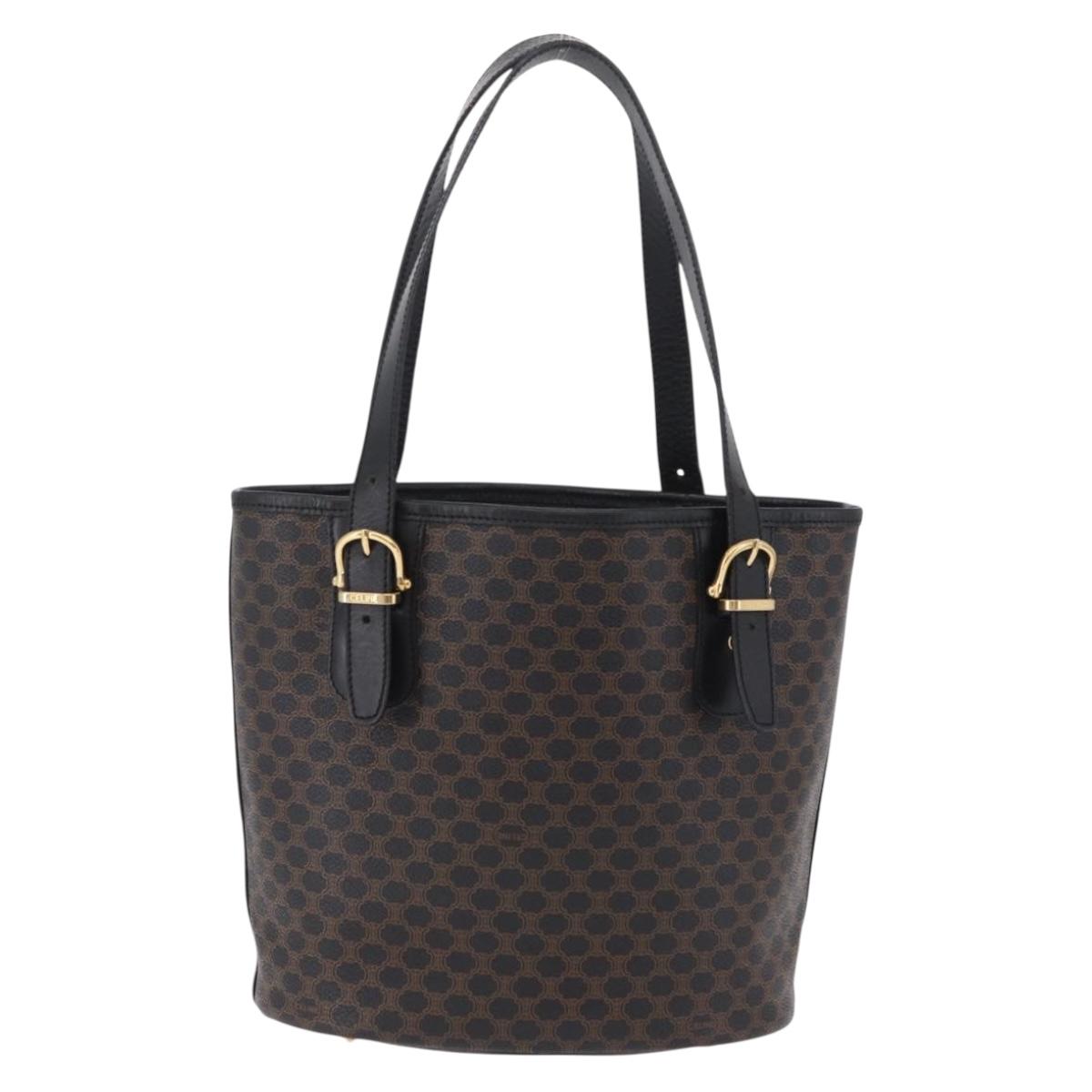 CELINE Macadam Canvas Tote Bag PVC Leather Black Gold Auth 206040V