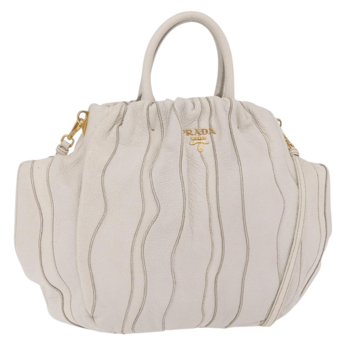 PRADA Hand Bag Leather 2way White Gold Auth 206042V