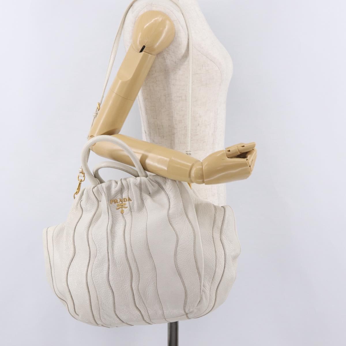PRADA Hand Bag Leather 2way White Gold Auth 206042V