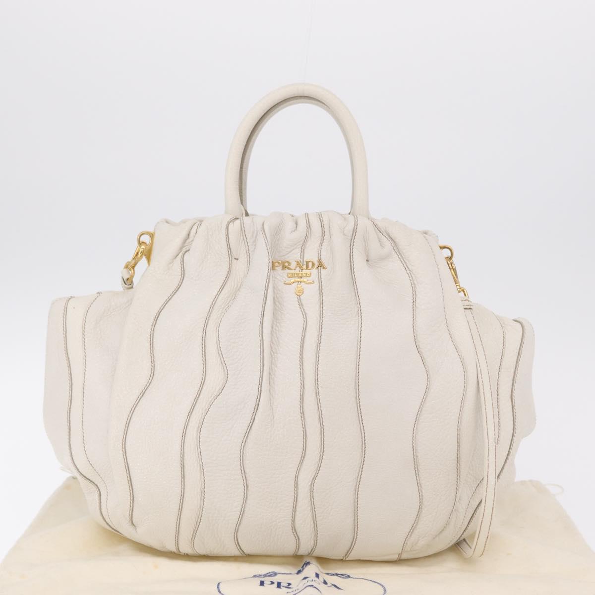 PRADA Hand Bag Leather 2way White Gold Auth 206042V
