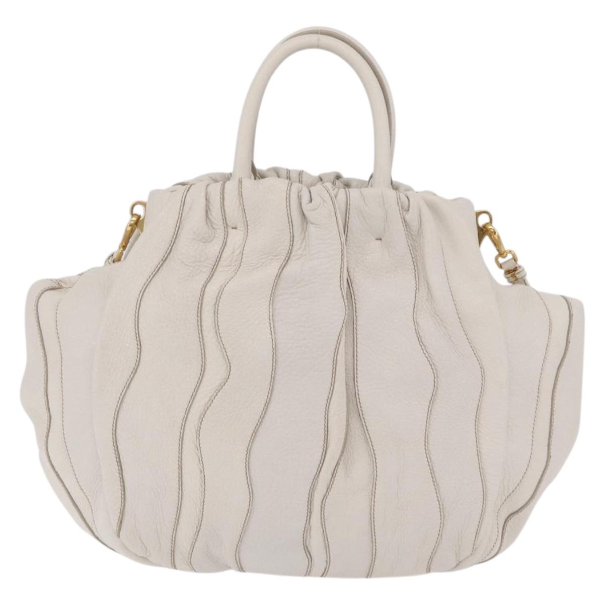PRADA Hand Bag Leather 2way White Gold Auth 206042V