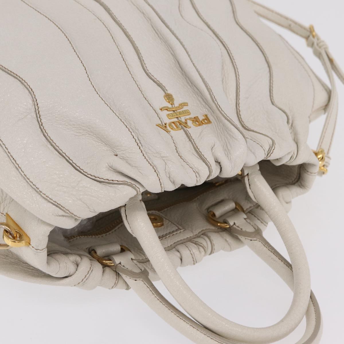 PRADA Hand Bag Leather 2way White Gold Auth 206042V