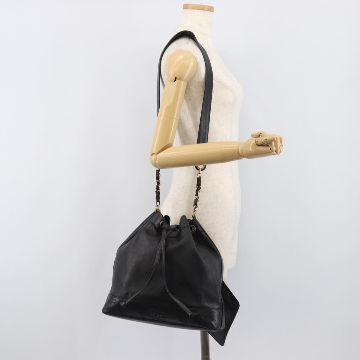 CHANEL Triple COCO Mark Shoulder Bag Caviar Skin Black Gold CC Auth 206050V
