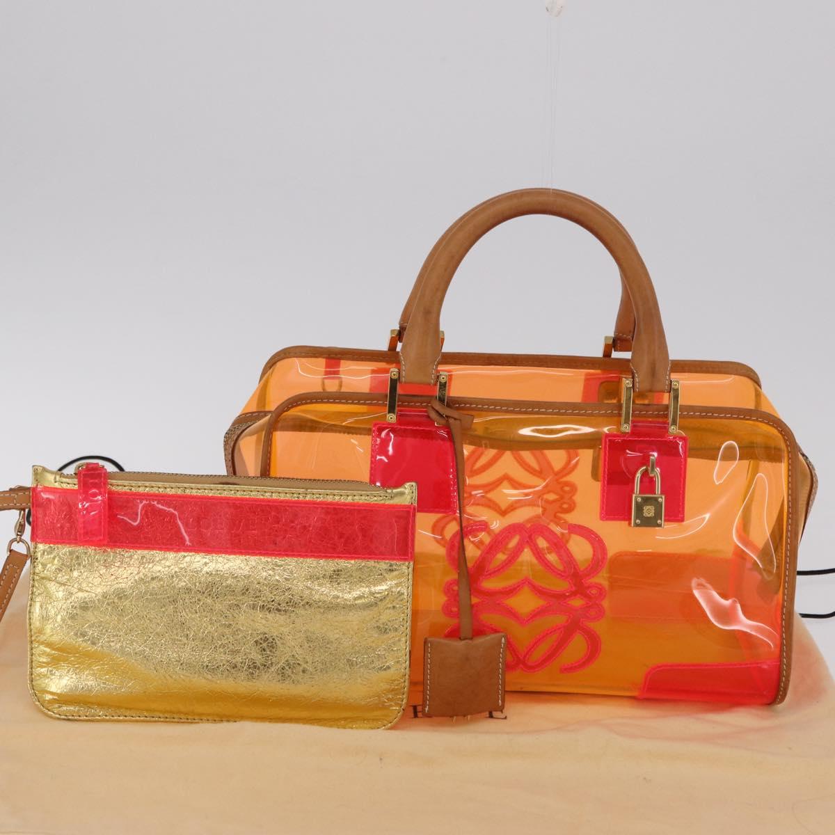 LOEWE Anagram Americana 28 Hand Bag Vinyl Orange Gold Auth 206052V