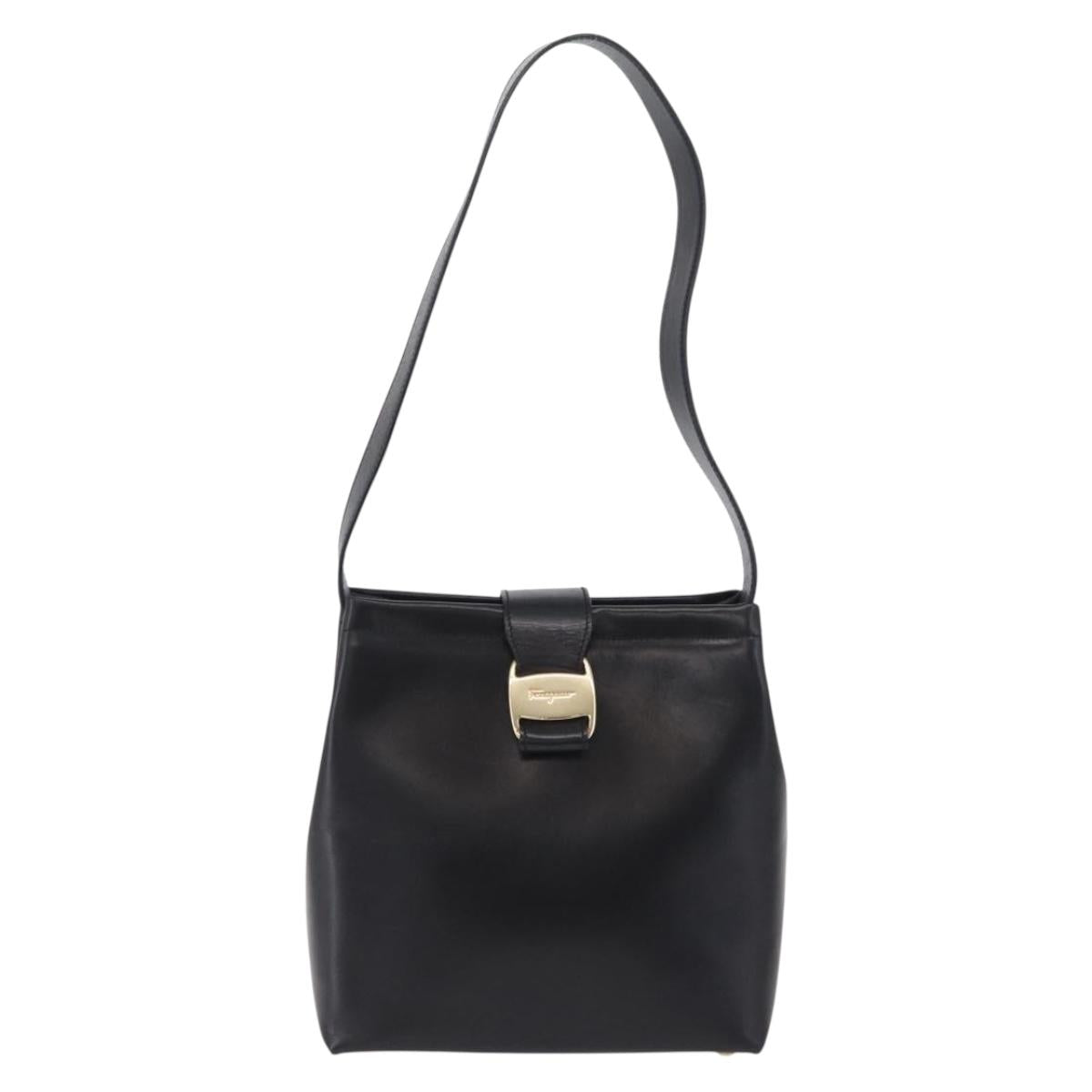 Salvatore Ferragamo Vala Shoulder Bag Leather Black Gold Auth 206057A