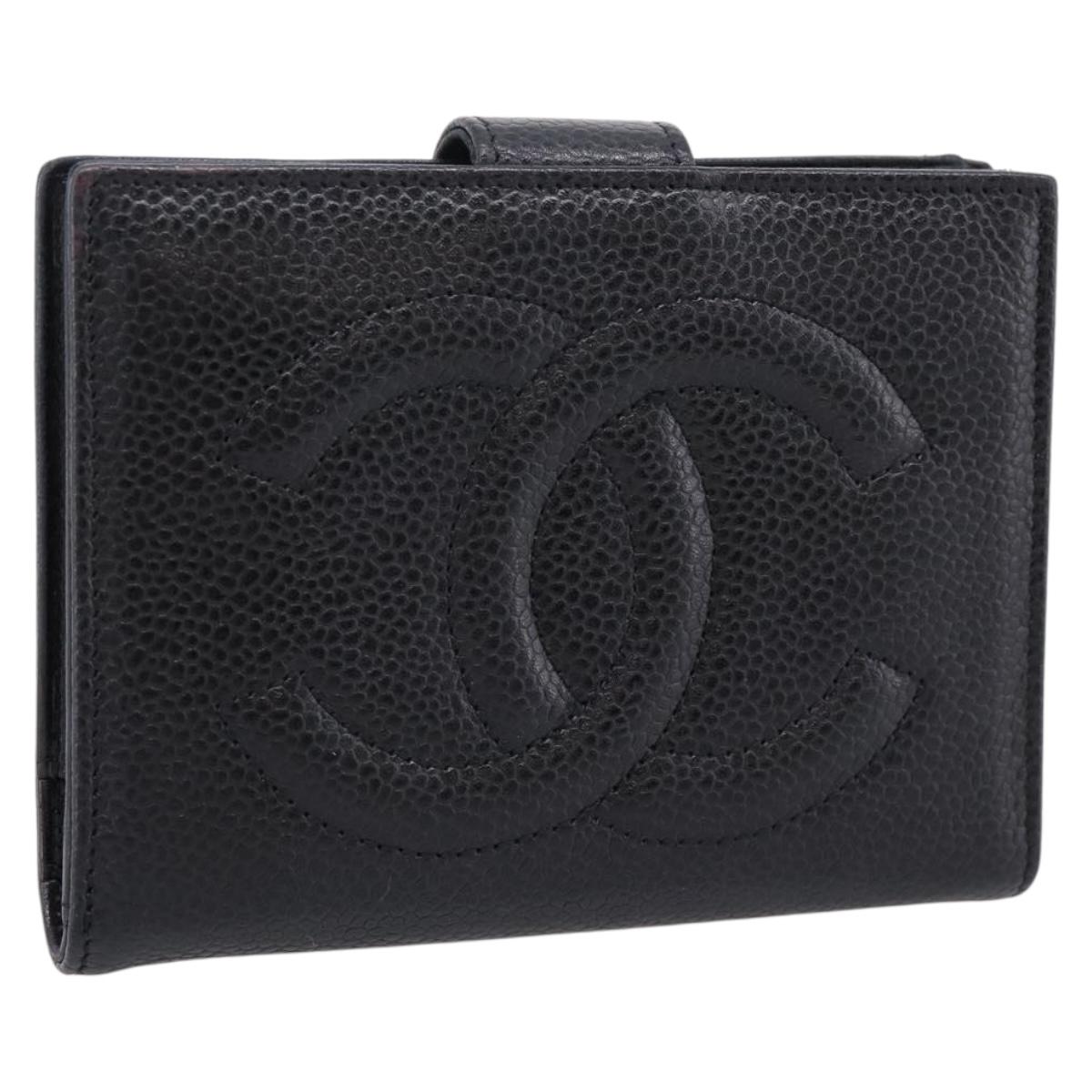 CHANEL COCO Mark Compact Wallet Caviar Skin Black Gold CC Auth 206090V