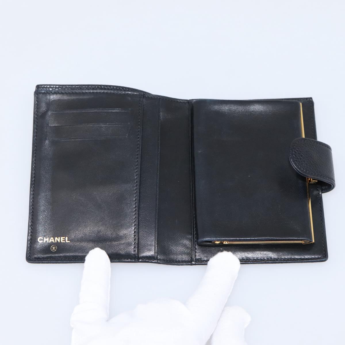 CHANEL COCO Mark Compact Wallet Caviar Skin Black Gold CC Auth 206090V