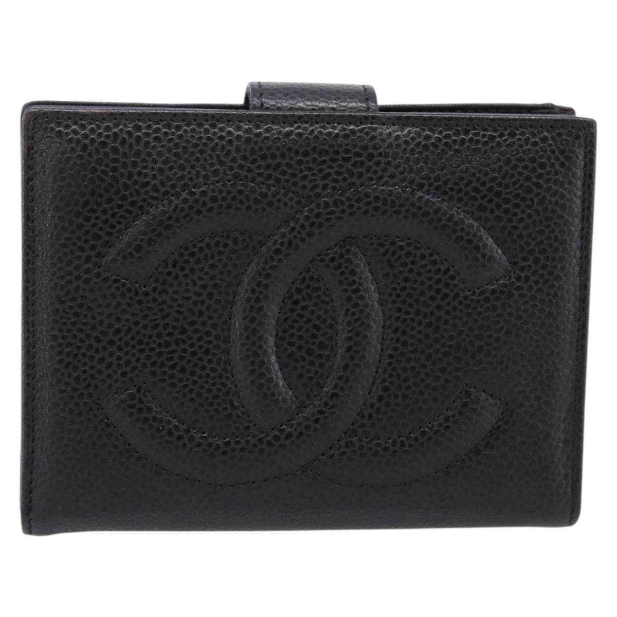 CHANEL COCO Mark Compact Wallet Caviar Skin Black Gold CC Auth 206090V