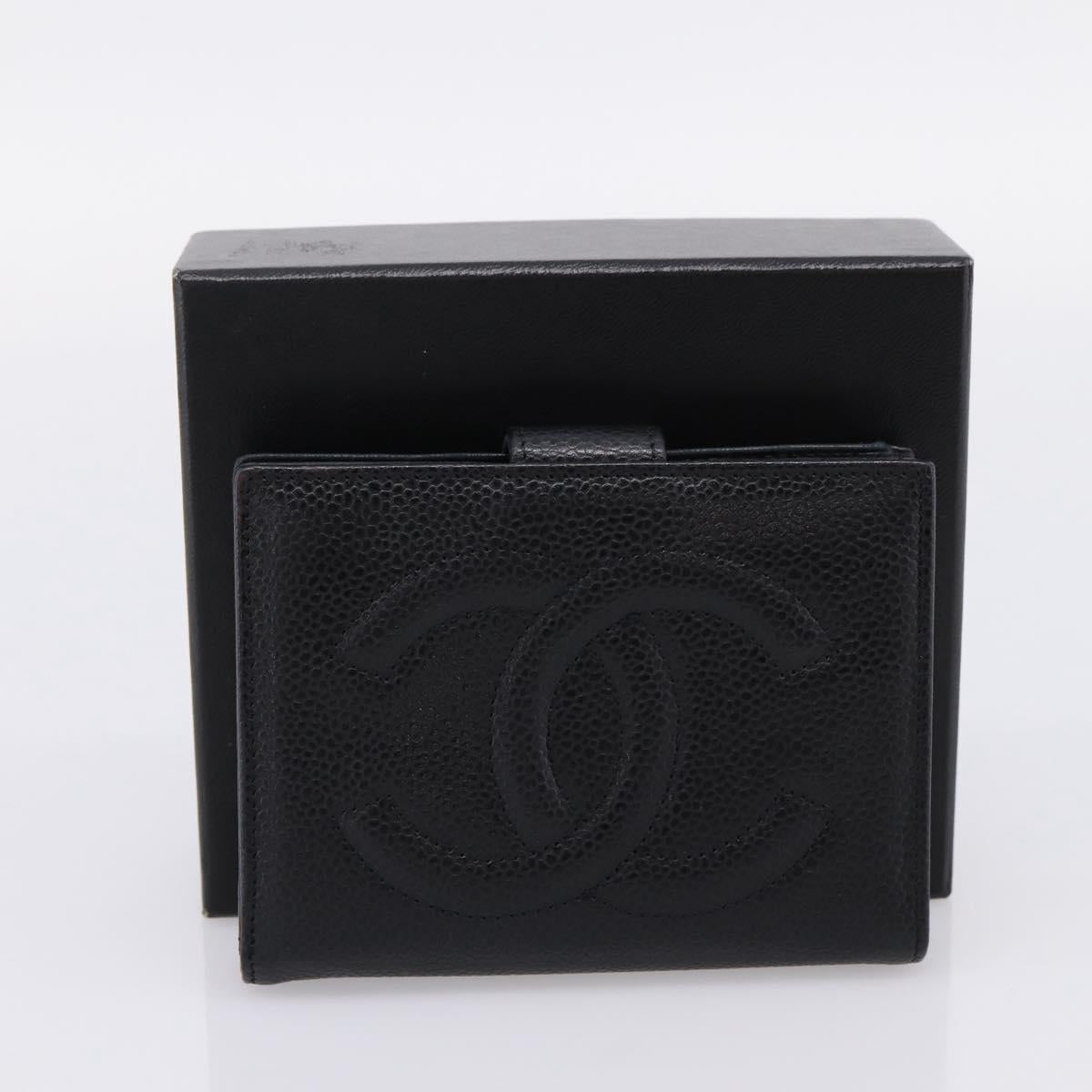 CHANEL COCO Mark Compact Wallet Caviar Skin Black Gold CC Auth 206090V