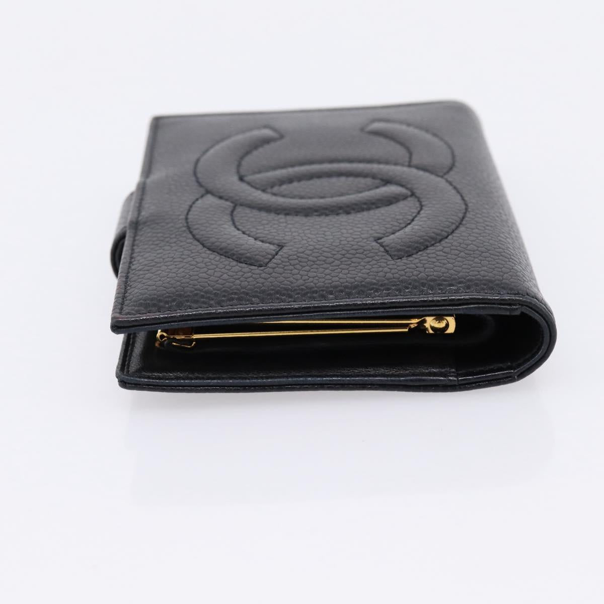 CHANEL COCO Mark Compact Wallet Caviar Skin Black Gold CC Auth 206090V