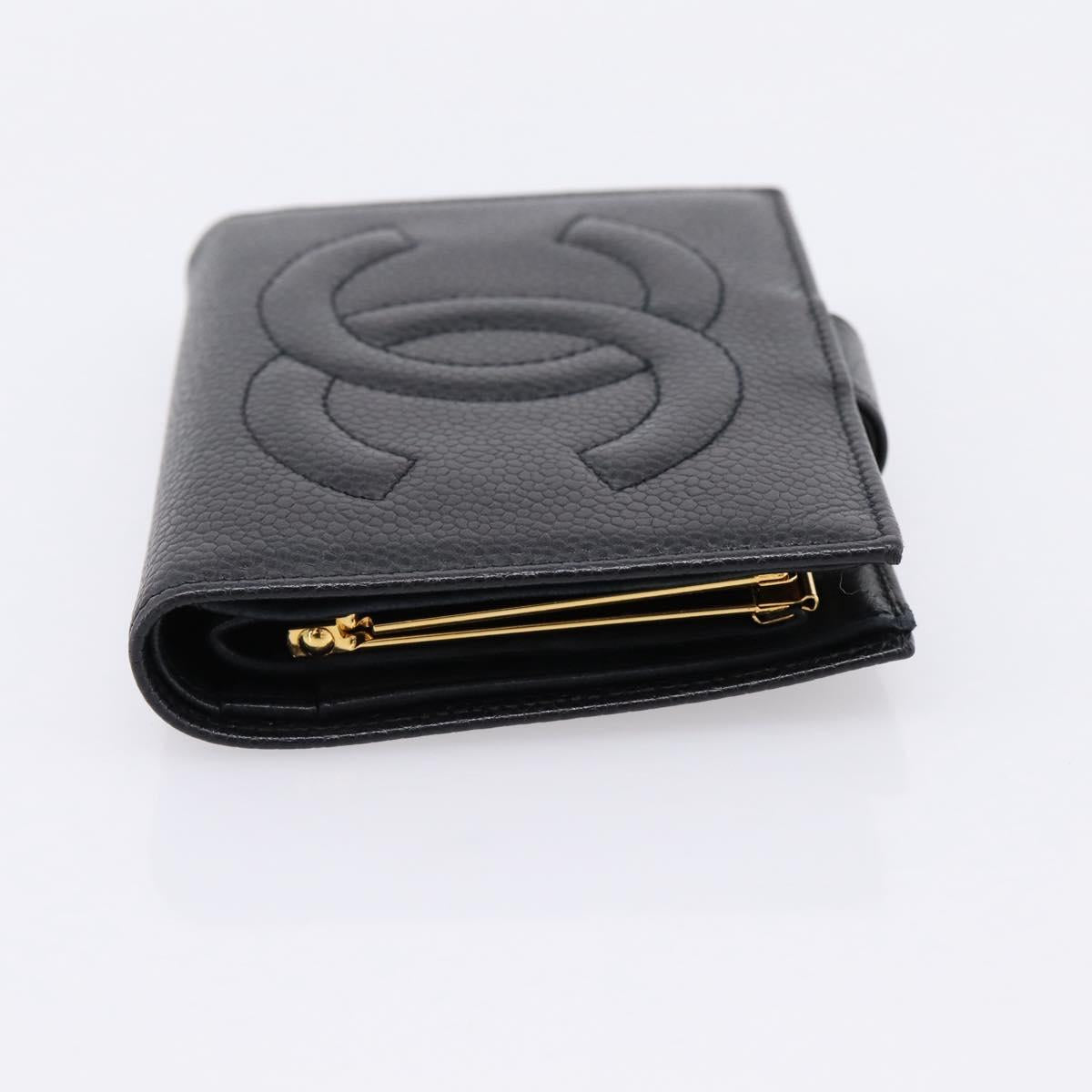 CHANEL COCO Mark Compact Wallet Caviar Skin Black Gold CC Auth 206090V