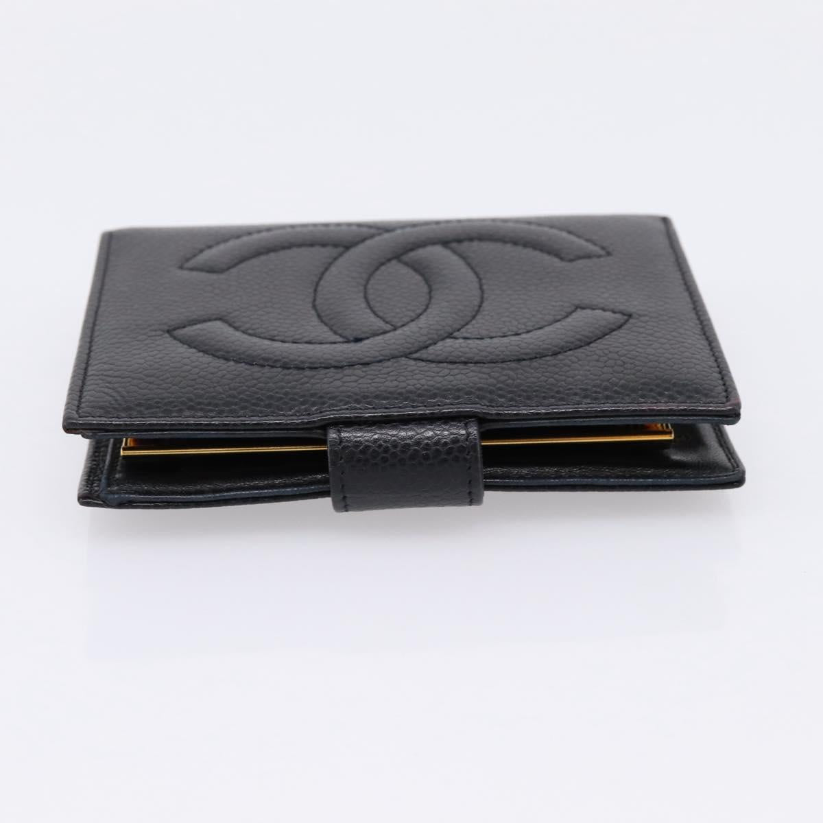 CHANEL COCO Mark Compact Wallet Caviar Skin Black Gold CC Auth 206090V