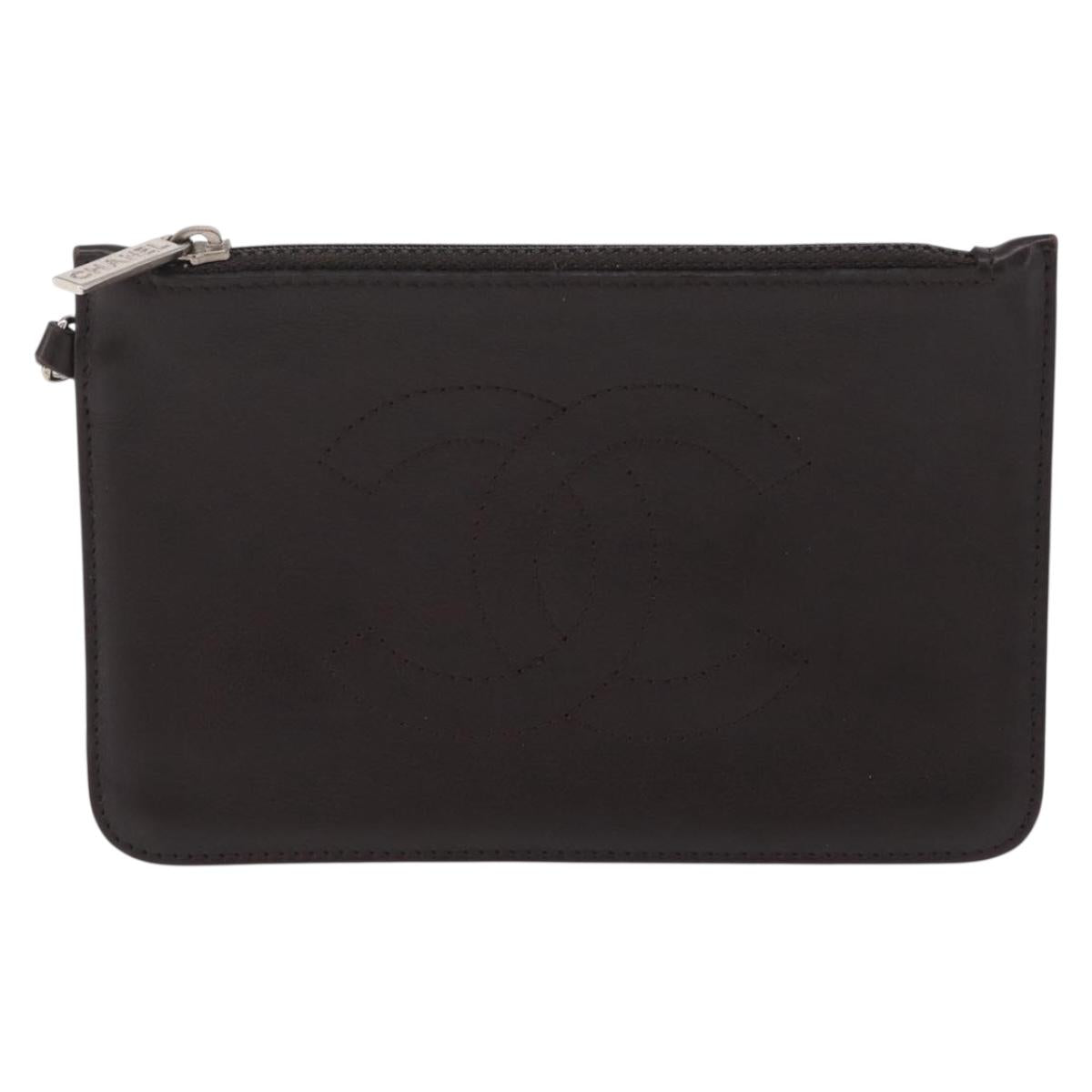 CHANEL COCO Mark Pouch Leather Brown Silver CC Auth 206091A