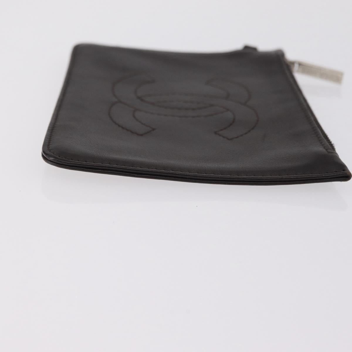 CHANEL COCO Mark Pouch Leather Brown Silver CC Auth 206091A