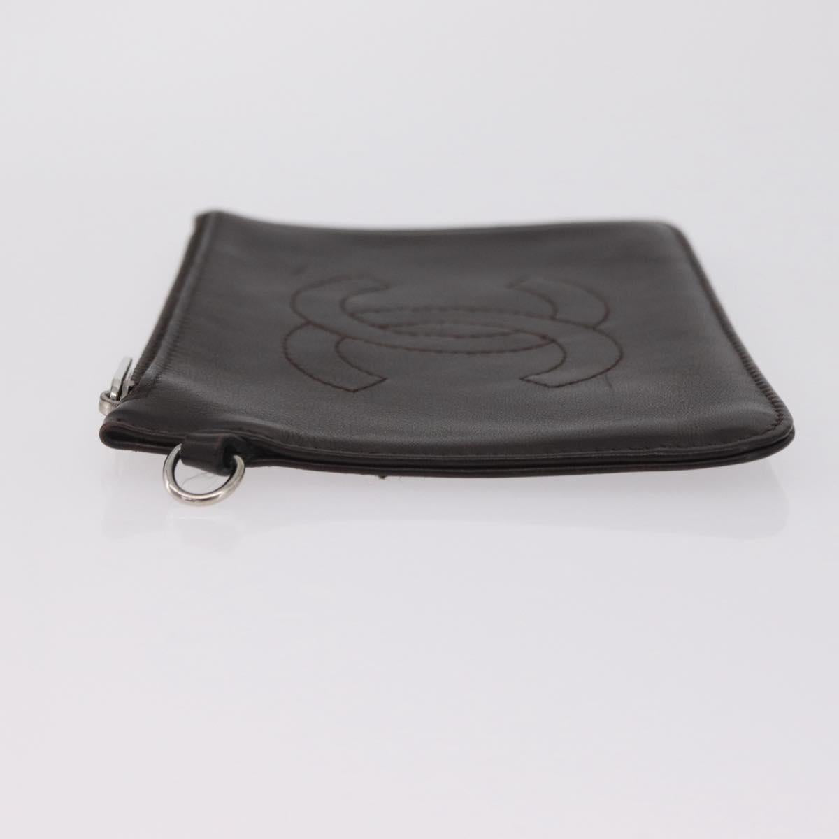 CHANEL COCO Mark Pouch Leather Brown Silver CC Auth 206091A