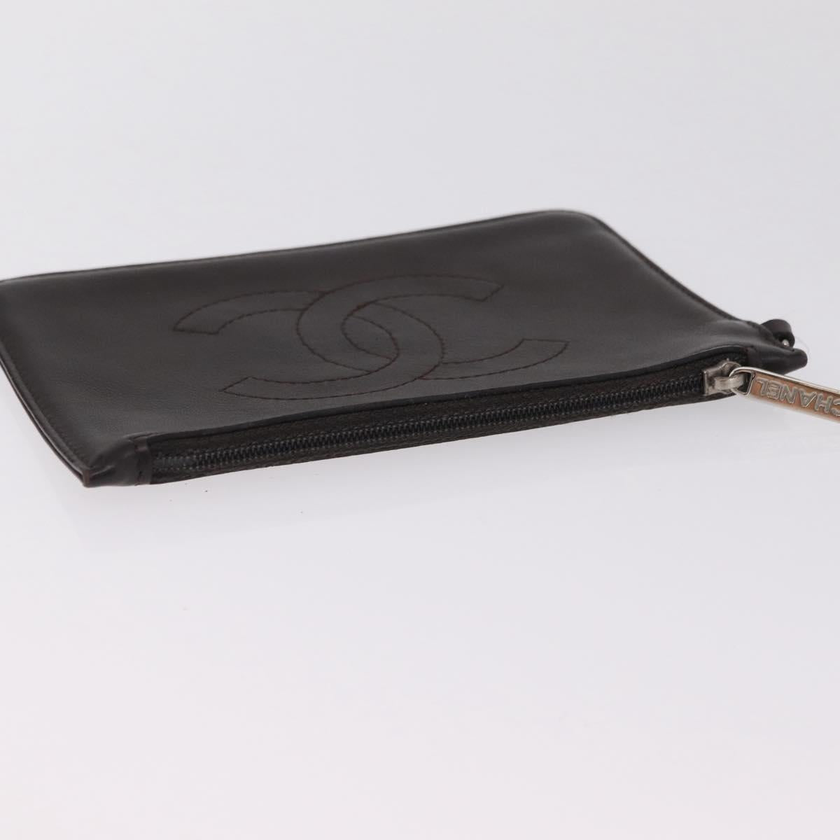 CHANEL COCO Mark Pouch Leather Brown Silver CC Auth 206091A