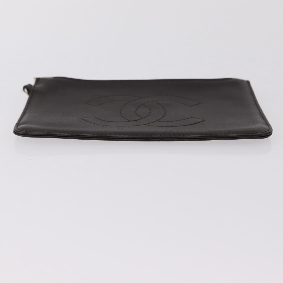 CHANEL COCO Mark Pouch Leather Brown Silver CC Auth 206091A