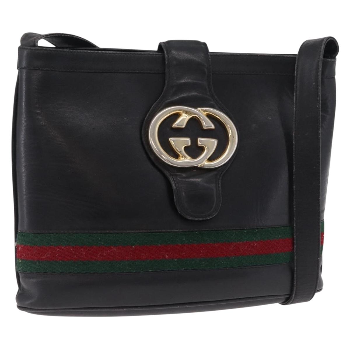 GUCCI Web Sherry Line Shoulder Bag Leather Black Gold Auth 206101