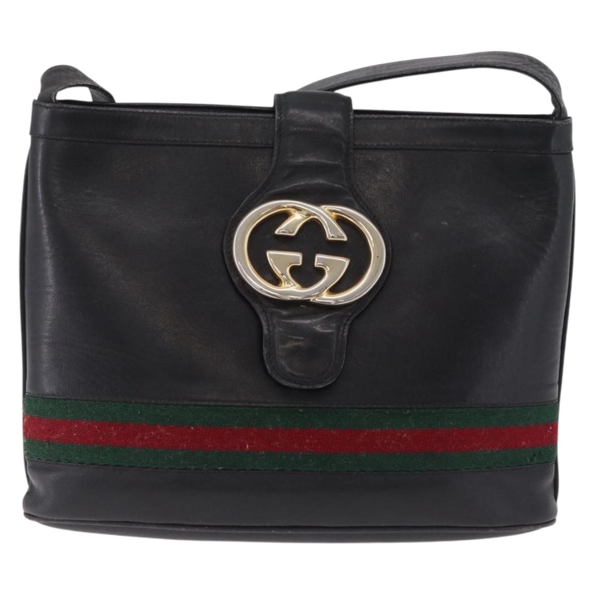 GUCCI Web Sherry Line Shoulder Bag Leather Black Gold Auth 206101