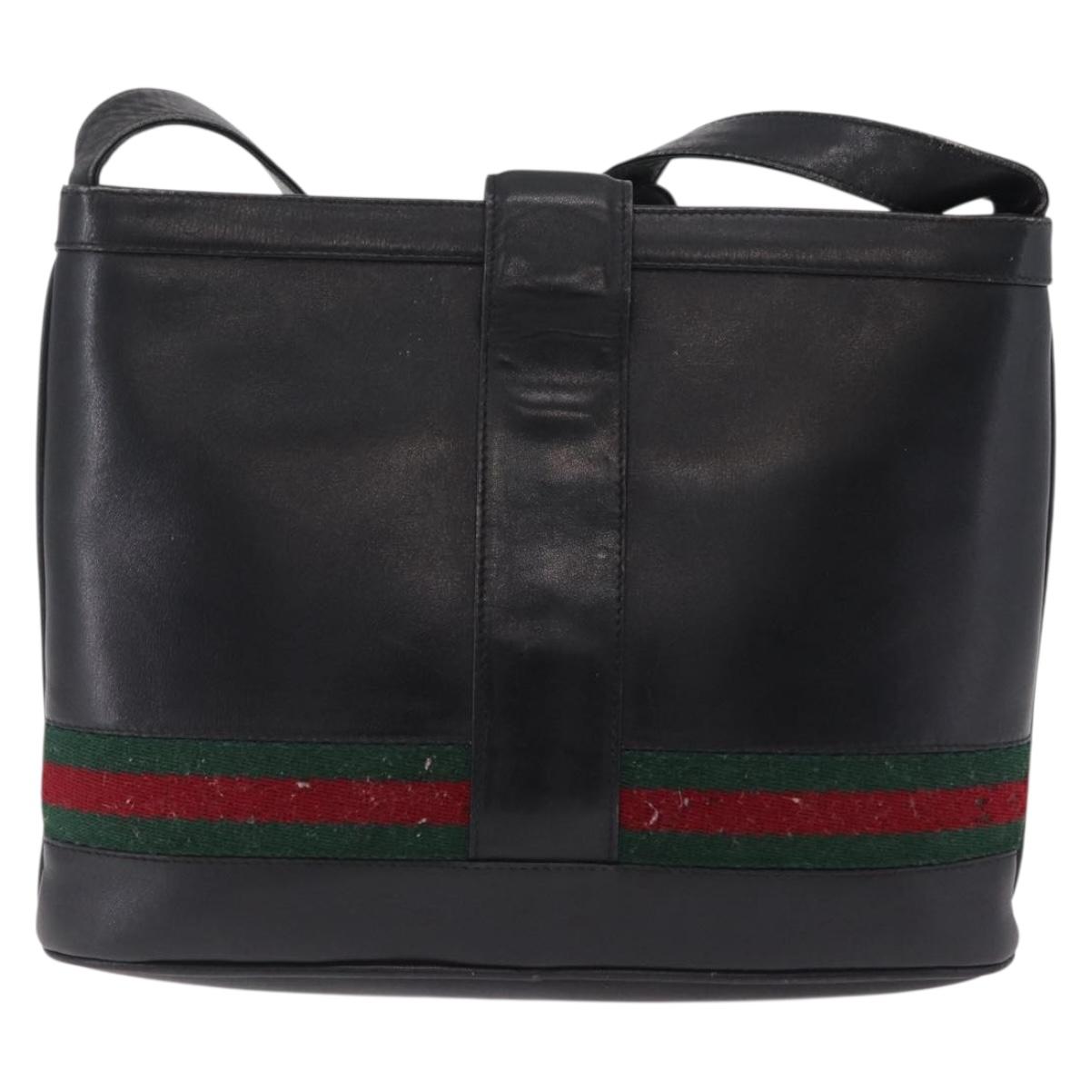 GUCCI Web Sherry Line Shoulder Bag Leather Black Gold Auth 206101