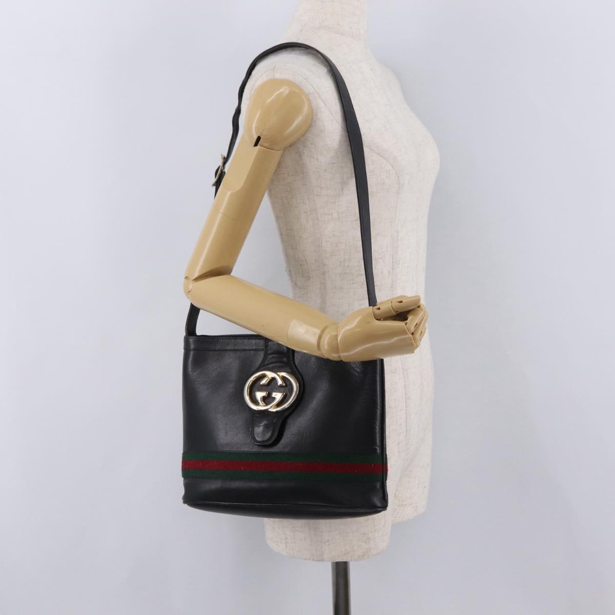 GUCCI Web Sherry Line Shoulder Bag Leather Black Gold Auth 206101