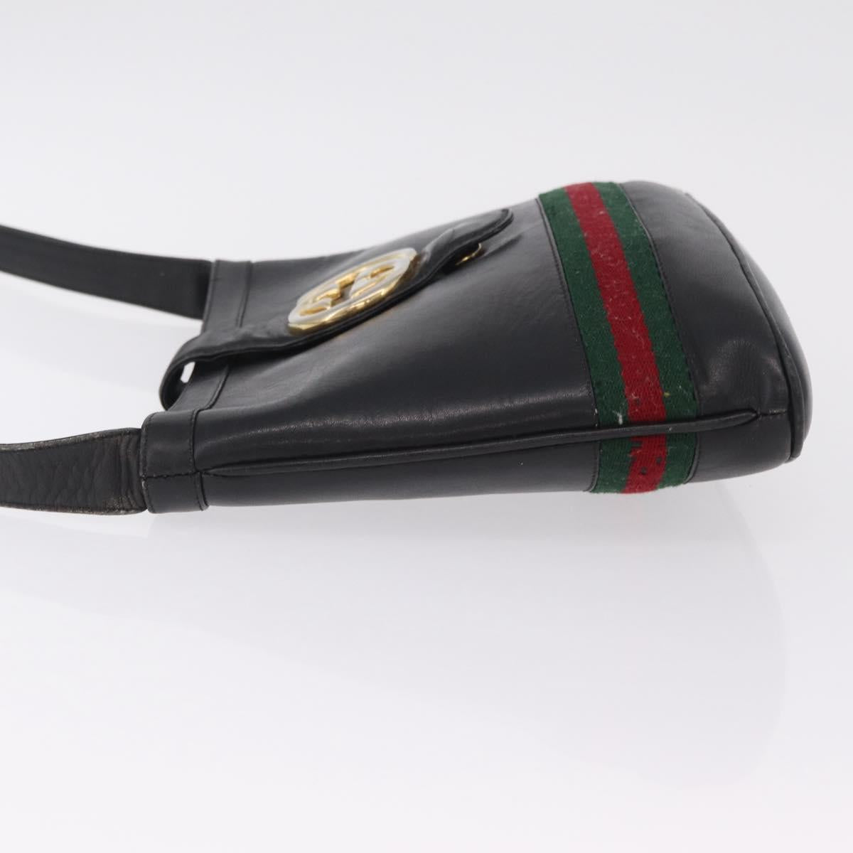 GUCCI Web Sherry Line Shoulder Bag Leather Black Gold Auth 206101