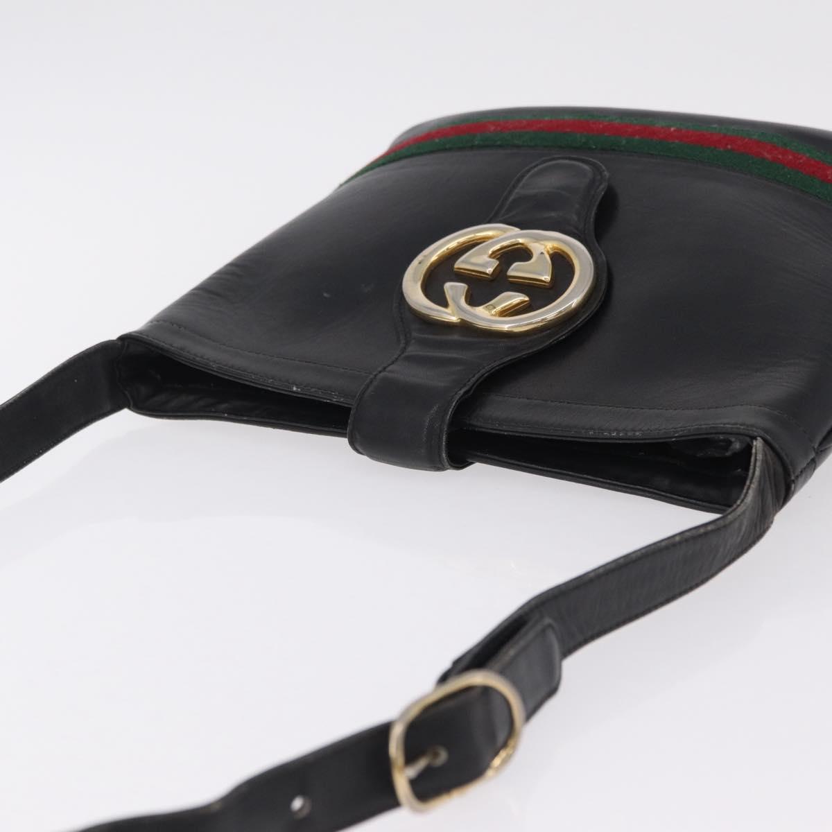 GUCCI Web Sherry Line Shoulder Bag Leather Black Gold Auth 206101
