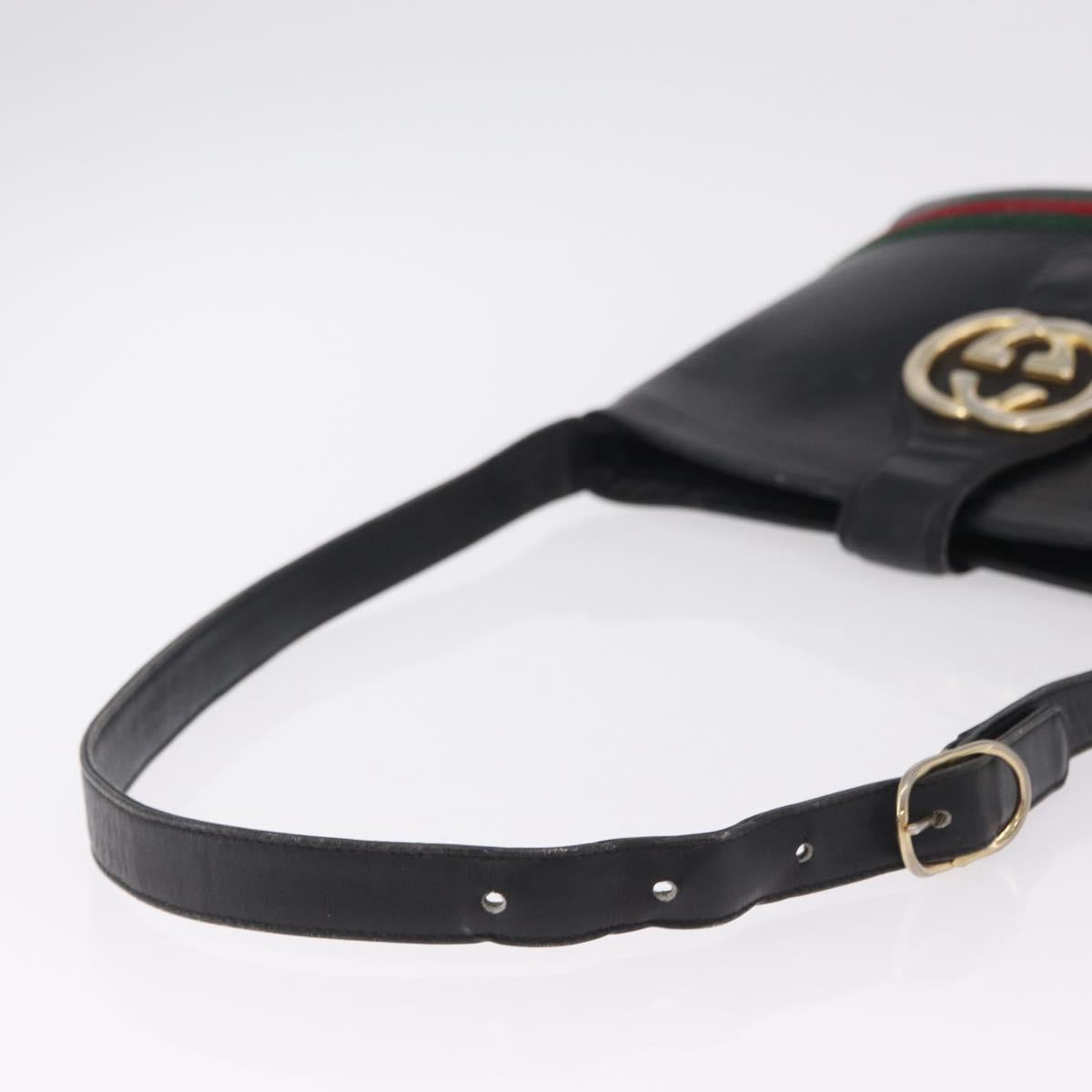 GUCCI Web Sherry Line Shoulder Bag Leather Black Gold Auth 206101