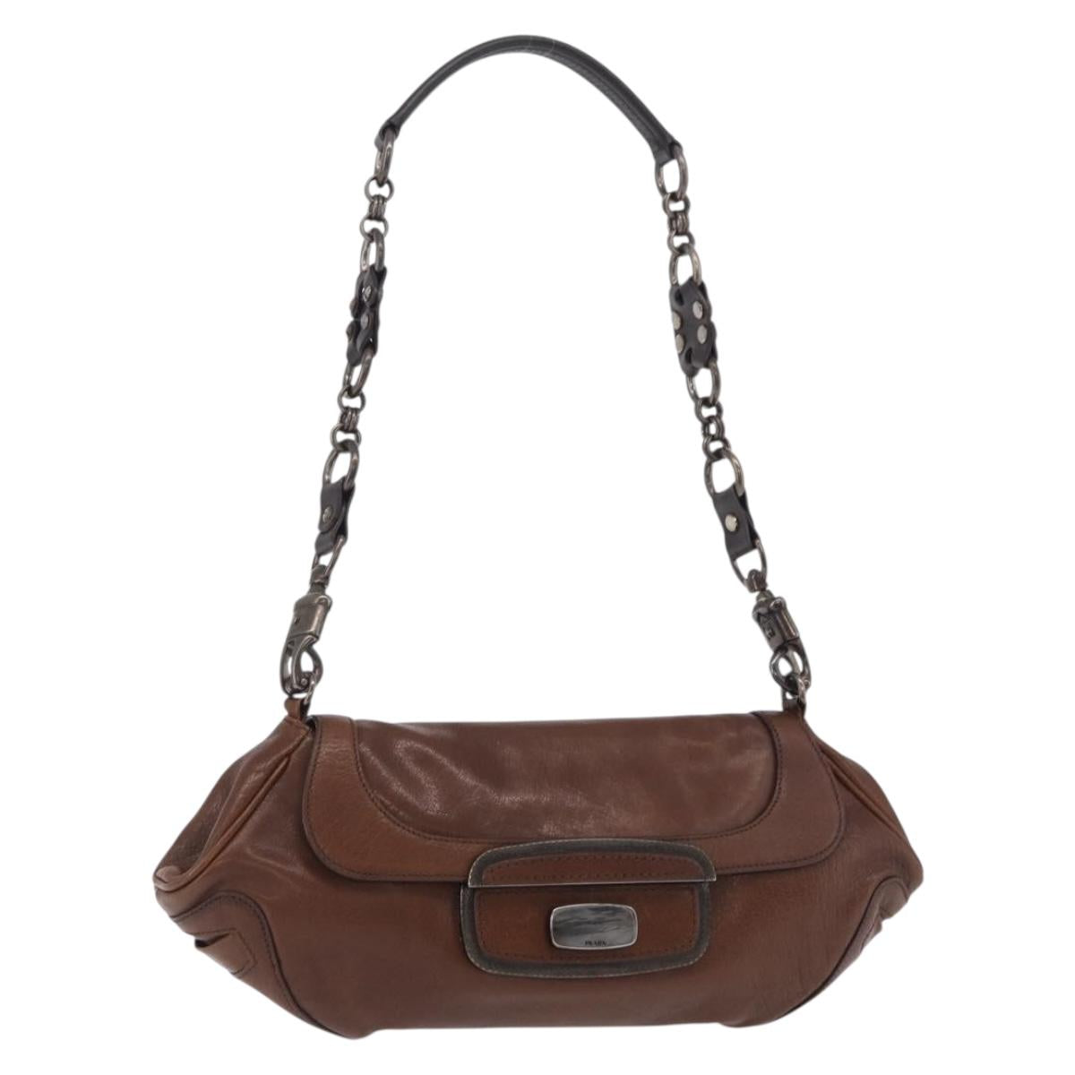 PRADA Chain Shoulder Bag Leather Brown Auth 206107V