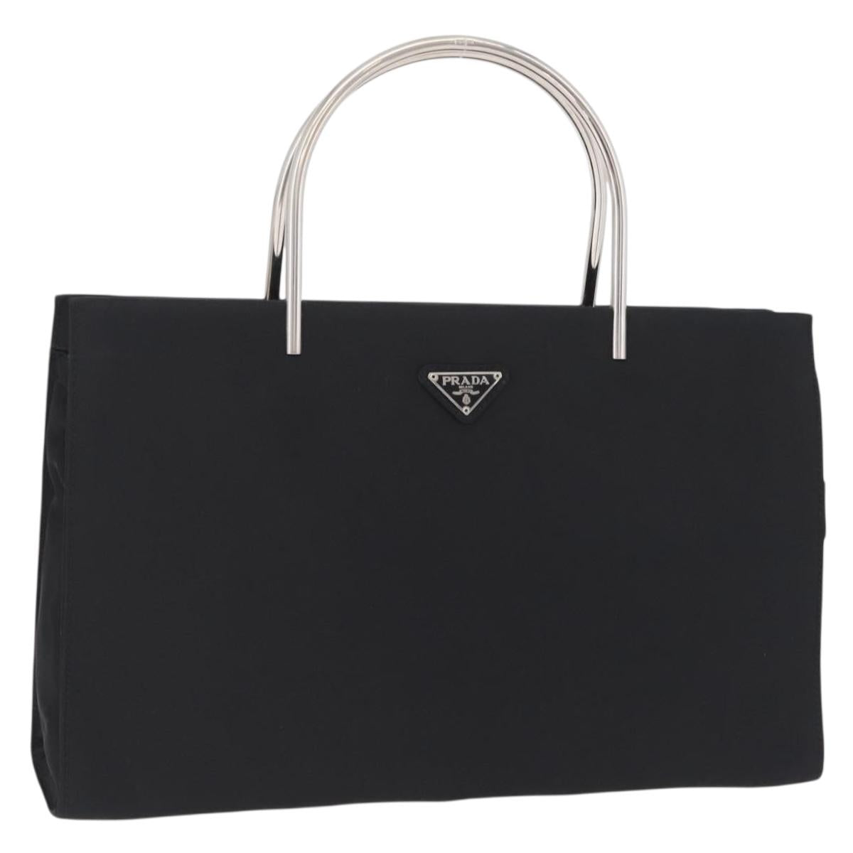PRADA Metal Handle Hand Bag Nylon Black Silver Auth 206110A