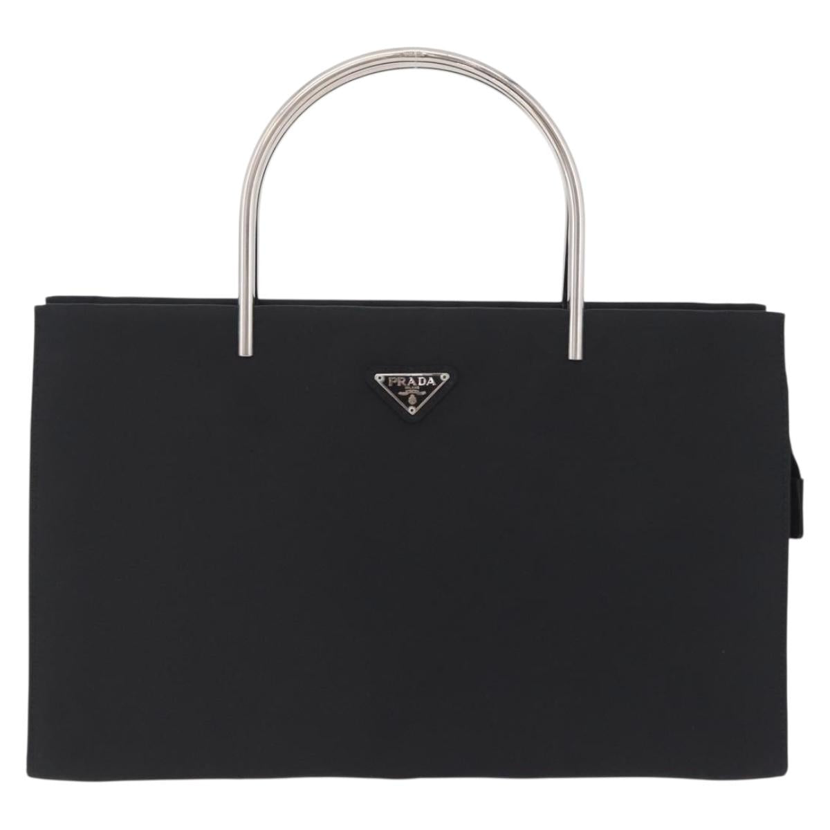 PRADA Metal Handle Hand Bag Nylon Black Silver Auth 206110A