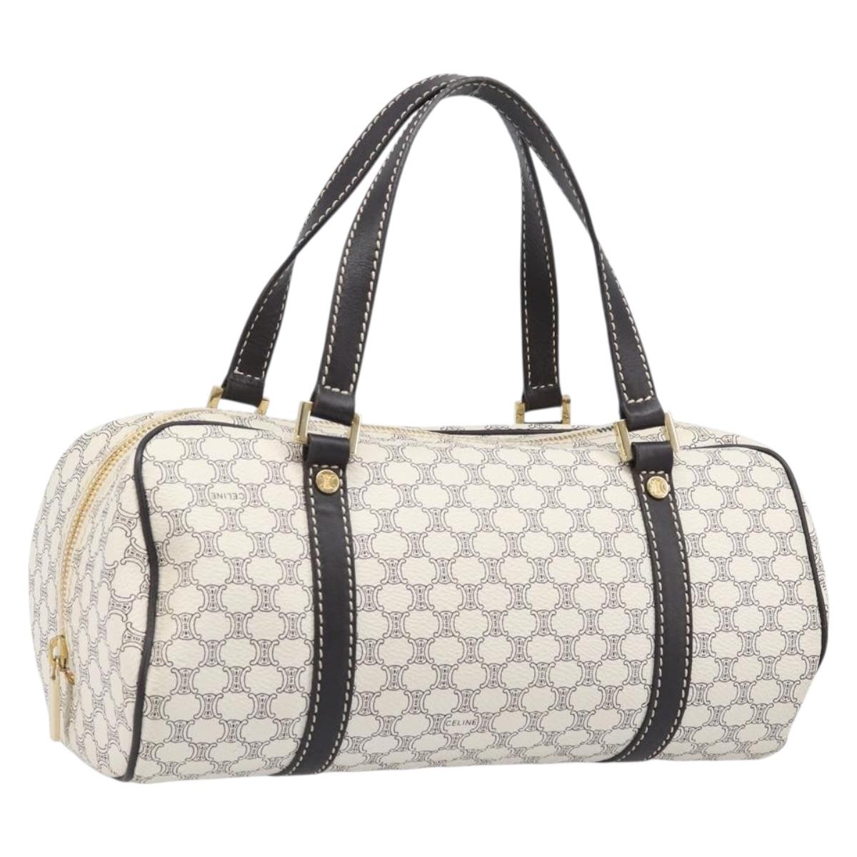CELINE Macadam Canvas Boston Bag PVC Leather White Gold Auth 206111V