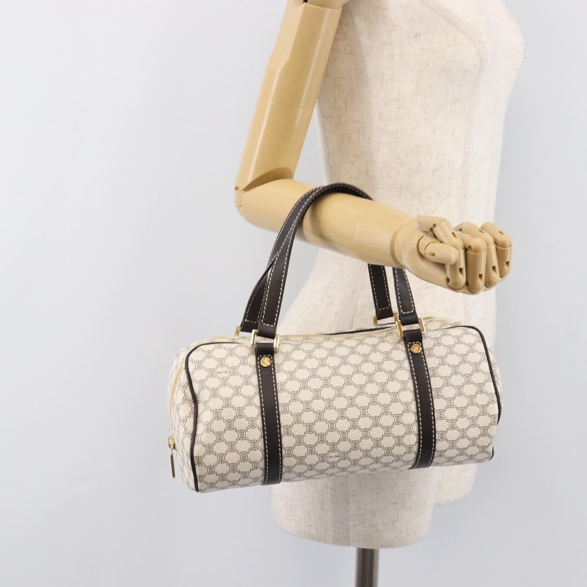 CELINE Macadam Canvas Boston Bag PVC Leather White Gold Auth 206111V