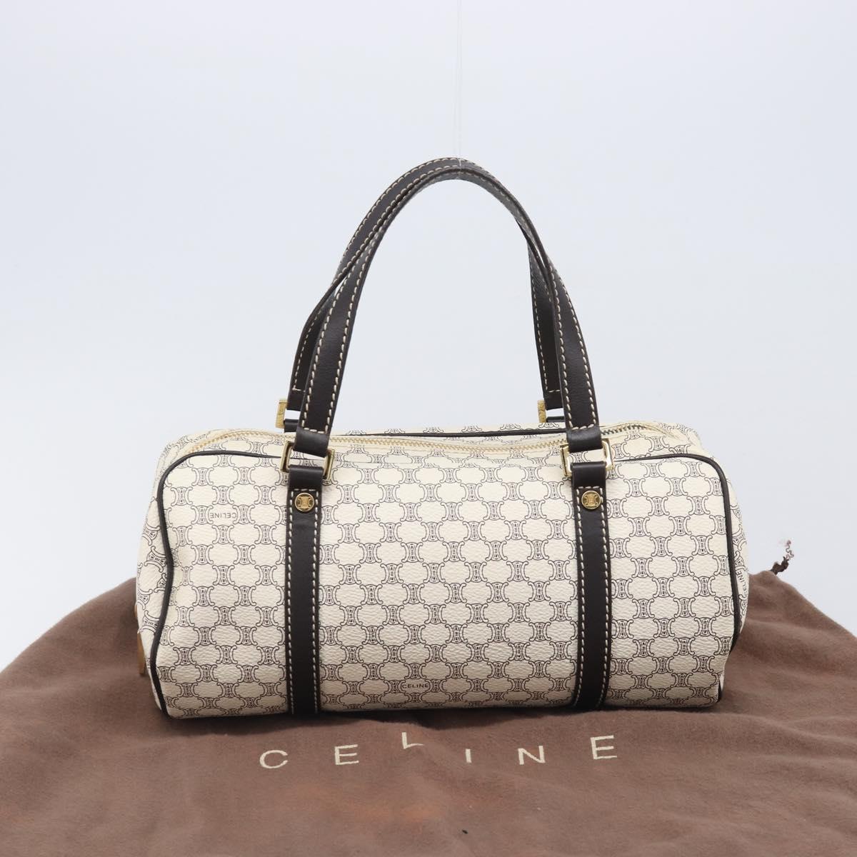 CELINE Macadam Canvas Boston Bag PVC Leather White Gold Auth 206111V