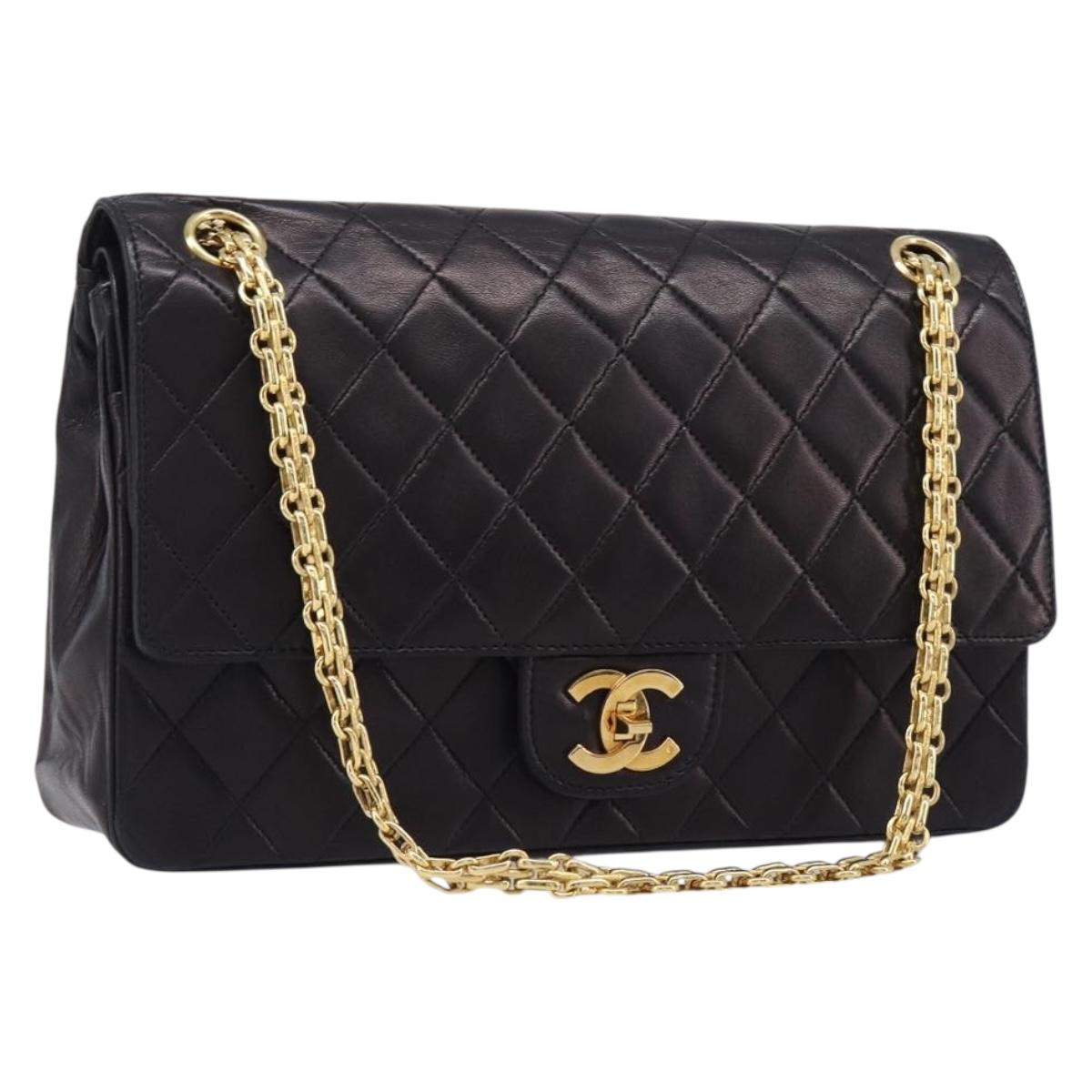 CHANEL Matelasse Chain Shoulder Bag Lamb Skin Vintage Black Gold CC Auth 206116V
