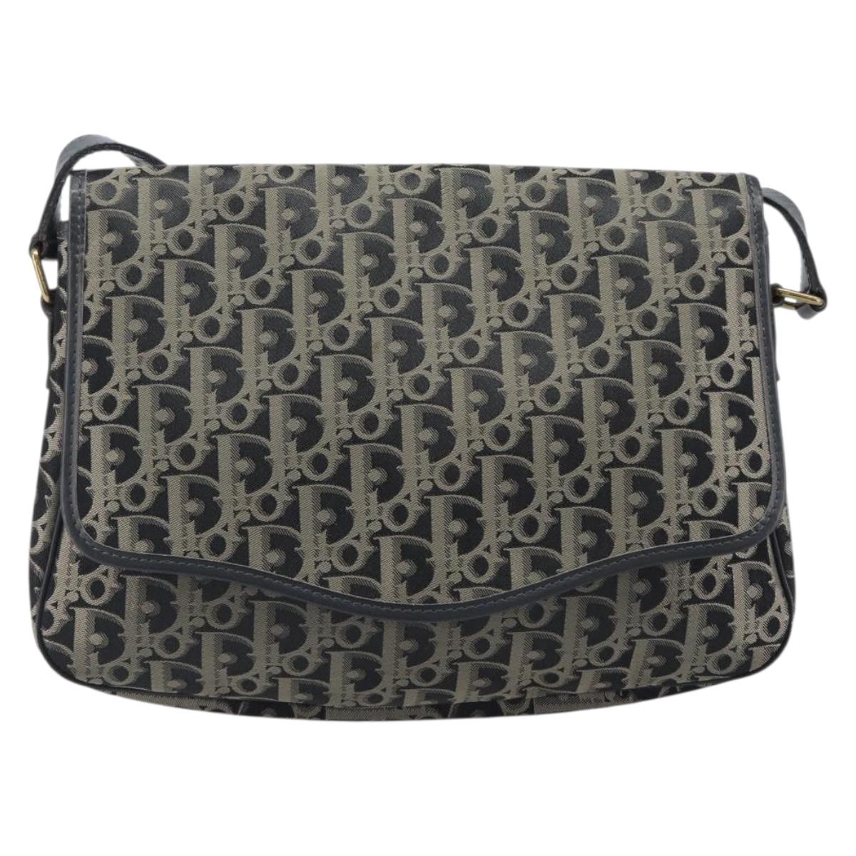 Christian Dior Trotter Canvas Shoulder Bag Black Gold Auth 206120V